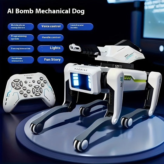 Mechanical dog with remote control on a dark background
