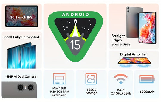 Tablet New Android 15, 10.1-inch IPS Display