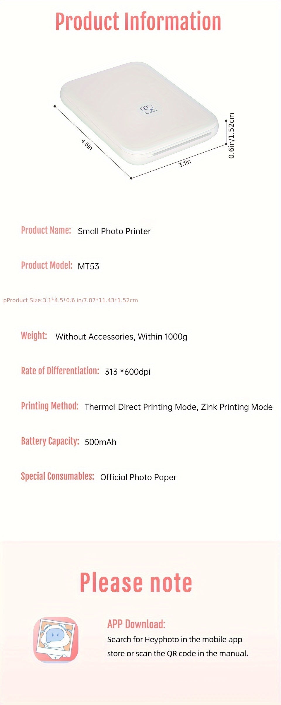 Wireless Portable Photo Printer - Mini Color Printer with No Ink