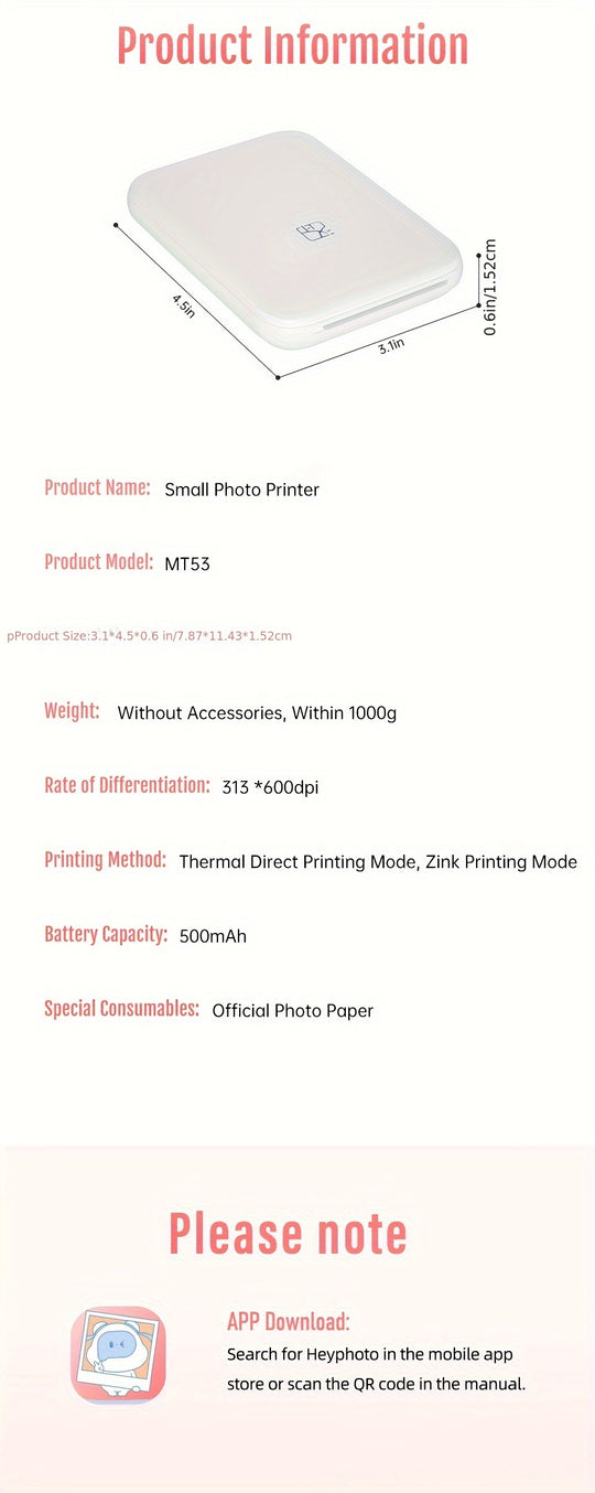 Wireless Portable Photo Printer - Mini Color Printer with No Ink
