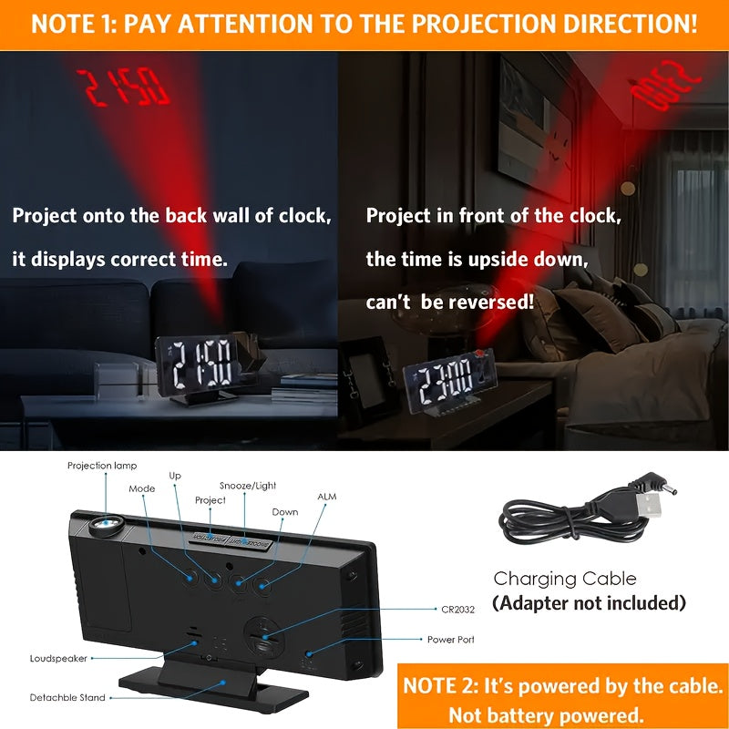 Digital Projection Alarm Clock with USB Power