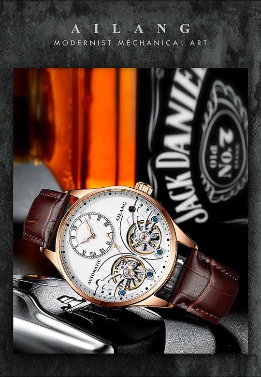 AILANG Brand New Fashion Double Tourbillon Watch for Men Luxury Stainless Steel Waterproof Automatic Mechanical Watches Mens