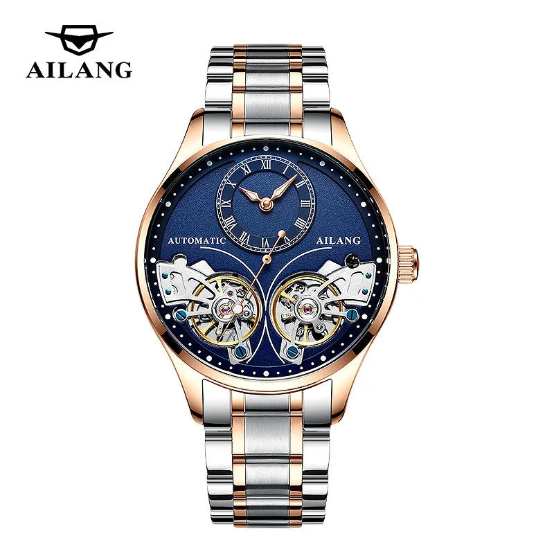 AILANG Brand New Fashion Double Tourbillon Watch for Men Luxury Stainless Steel Waterproof Automatic Mechanical Watches Mens