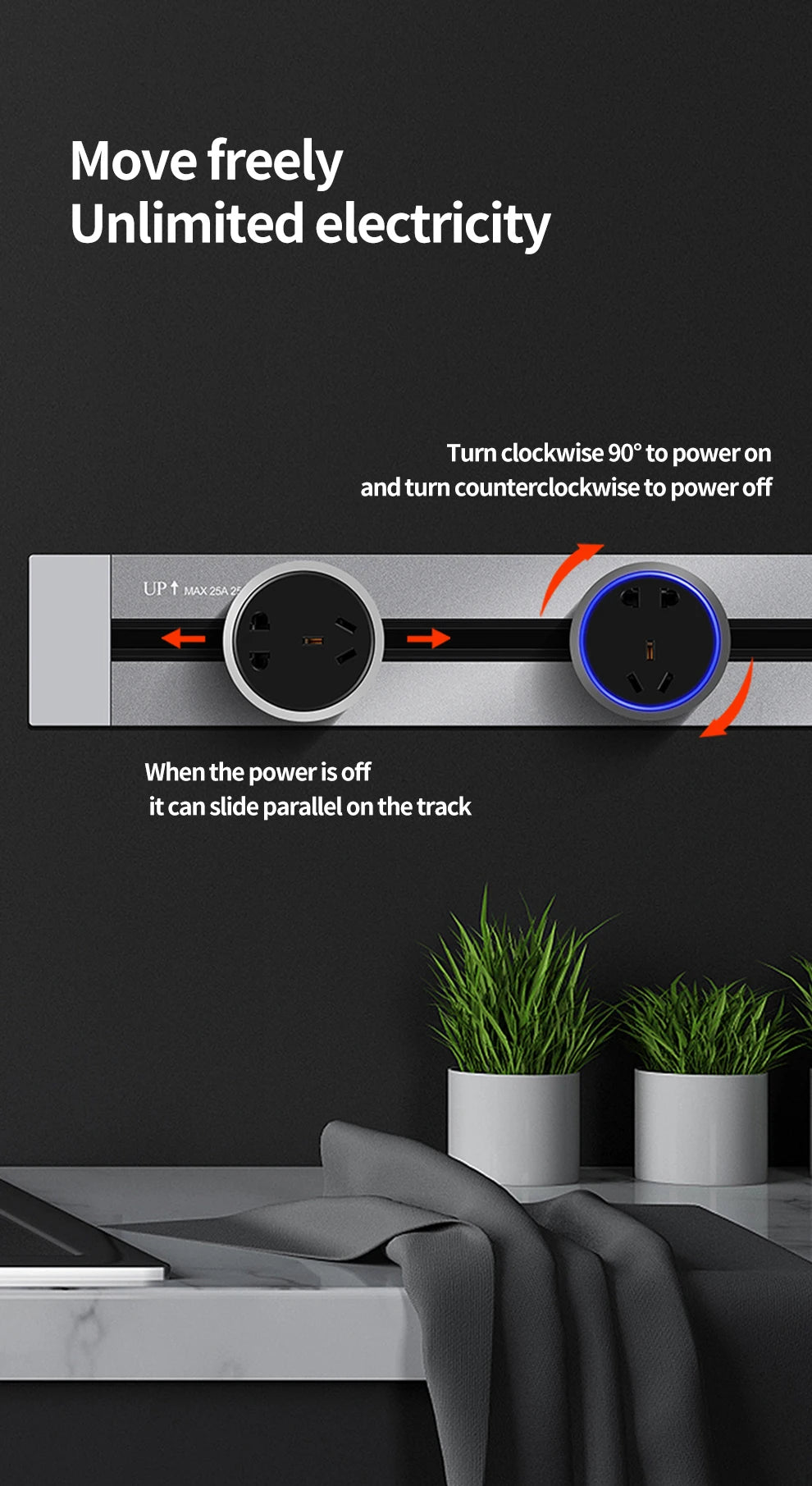 Tabletop Power Track Socket - Hidden Pop-Up Outlet with USB & LED, UK/US/EU Plugs - for Home, Kitchen & Office