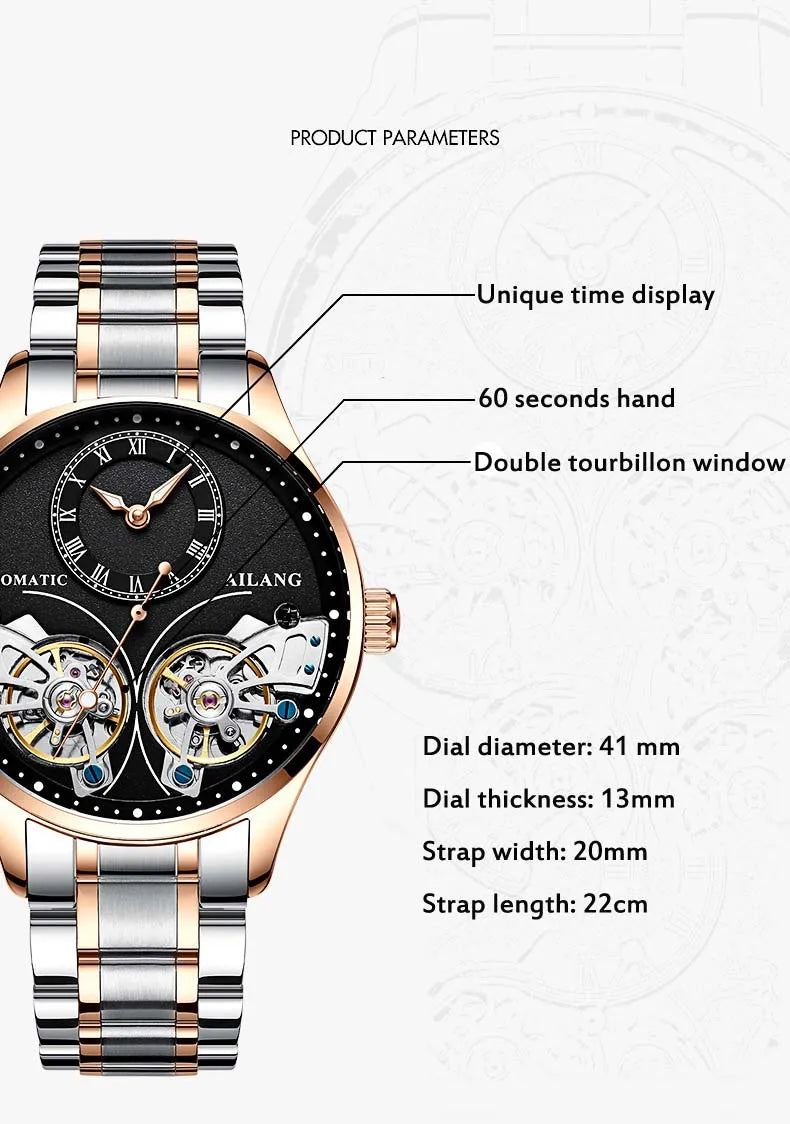 AILANG Brand New Fashion Double Tourbillon Watch for Men Luxury Stainless Steel Waterproof Automatic Mechanical Watches Mens