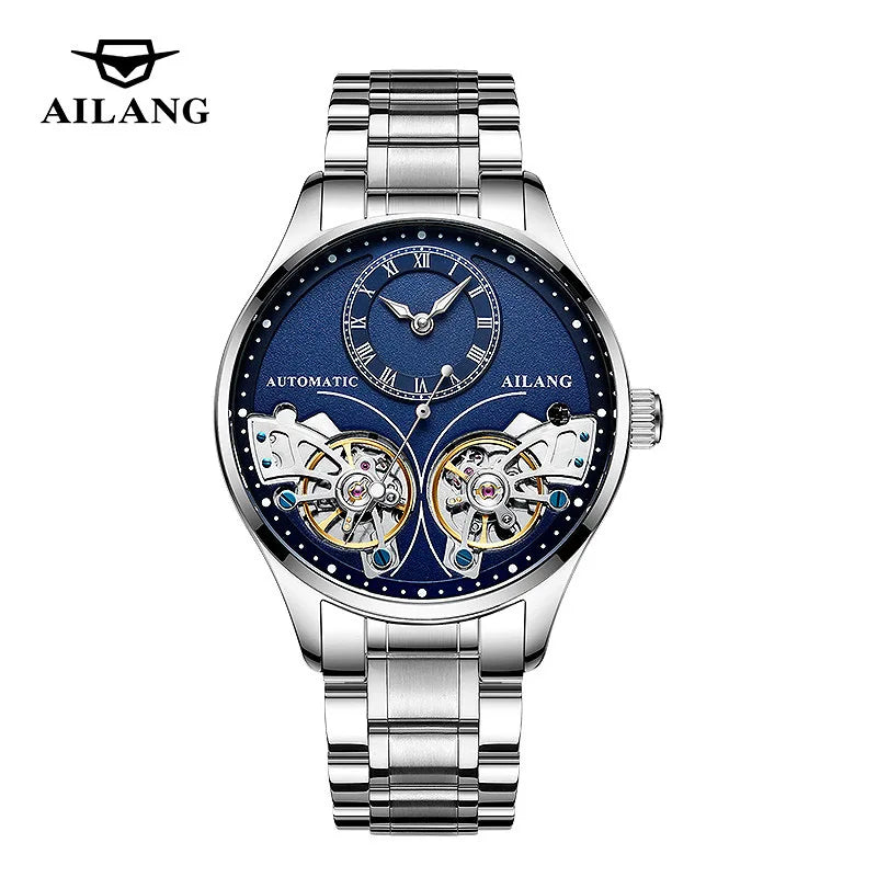 AILANG Brand New Fashion Double Tourbillon Watch for Men Luxury Stainless Steel Waterproof Automatic Mechanical Watches Mens