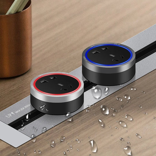 Tabletop Power Track Socket - Hidden Pop-Up Outlet with USB & LED, UK/US/EU Plugs - for Home, Kitchen & Office