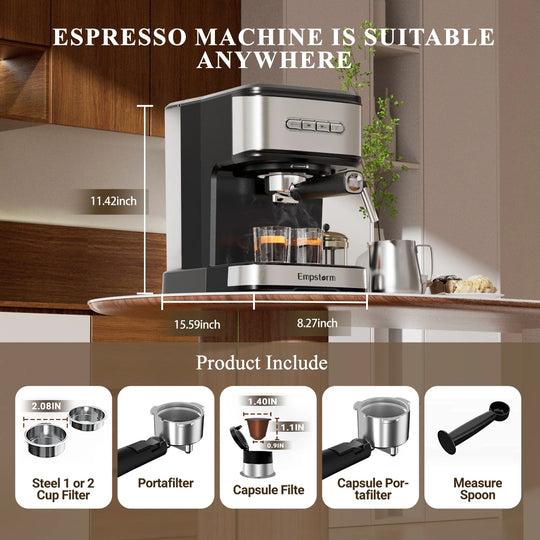 Empstorm Espresso Coffee Machine - 850W 20 Bar Semi-Automatic for Cappuccino & Latte