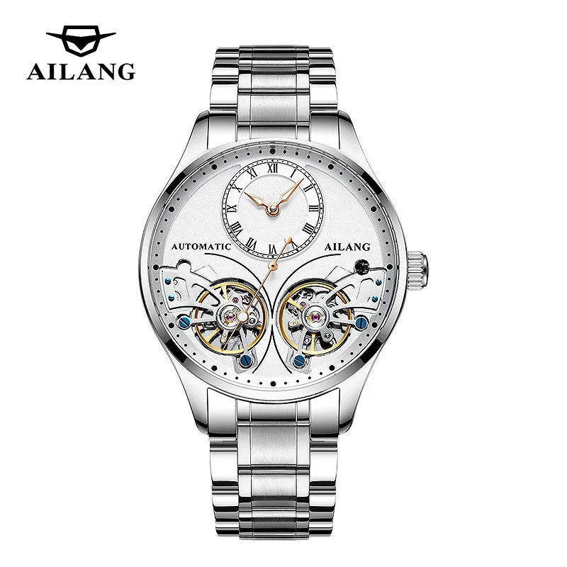 AILANG Brand New Fashion Double Tourbillon Watch for Men Luxury Stainless Steel Waterproof Automatic Mechanical Watches Mens
