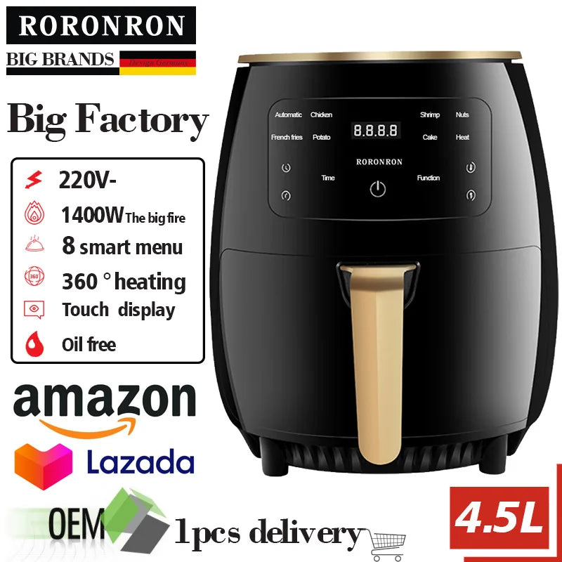 Digital Air Fryer - 1400W, 5L, Touch Screen, Adjustable Temp & Timer, Non-Stick