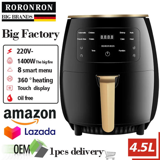Digital Air Fryer - 1400W, 5L, Touch Screen, Adjustable Temp & Timer, Non-Stick