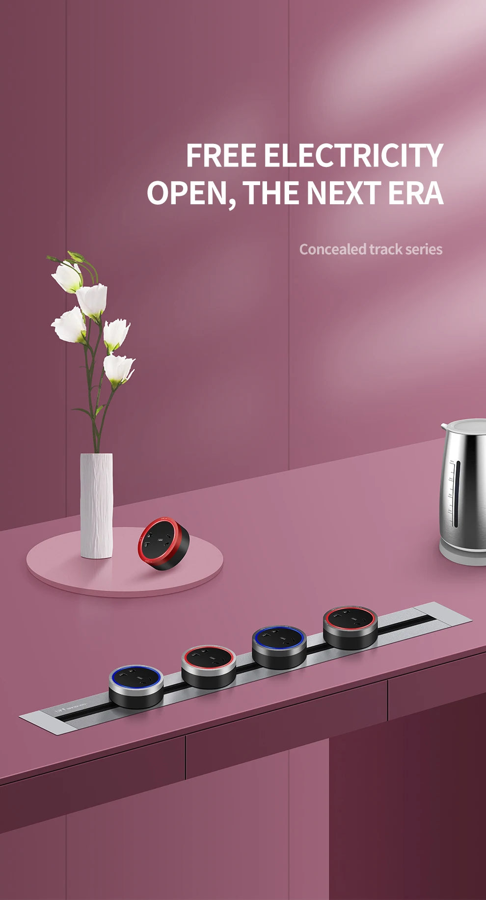 Tabletop Power Track Socket - Hidden Pop-Up Outlet with USB & LED, UK/US/EU Plugs - for Home, Kitchen & Office