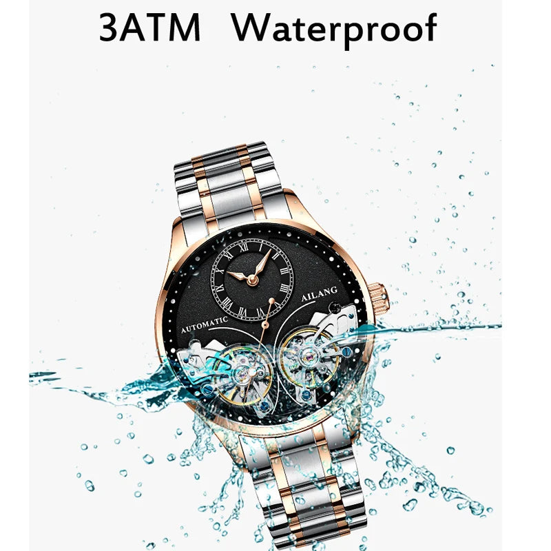 AILANG Brand New Fashion Double Tourbillon Watch for Men Luxury Stainless Steel Waterproof Automatic Mechanical Watches Mens