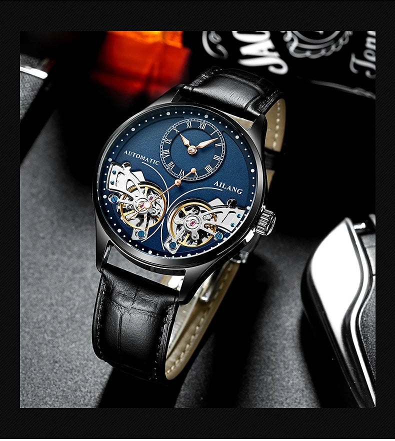 AILANG Brand New Fashion Double Tourbillon Watch for Men Luxury Stainless Steel Waterproof Automatic Mechanical Watches Mens