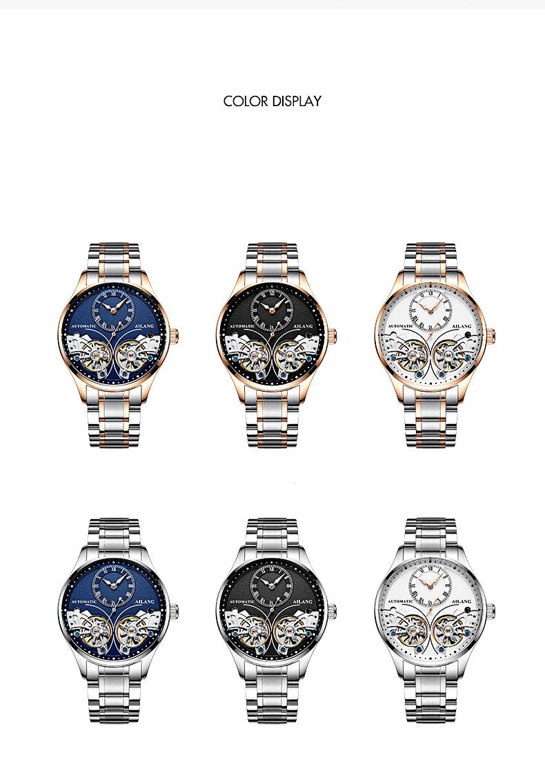 AILANG Brand New Fashion Double Tourbillon Watch for Men Luxury Stainless Steel Waterproof Automatic Mechanical Watches Mens