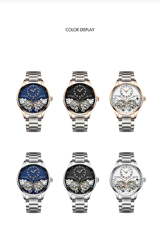 AILANG Brand New Fashion Double Tourbillon Watch for Men Luxury Stainless Steel Waterproof Automatic Mechanical Watches Mens