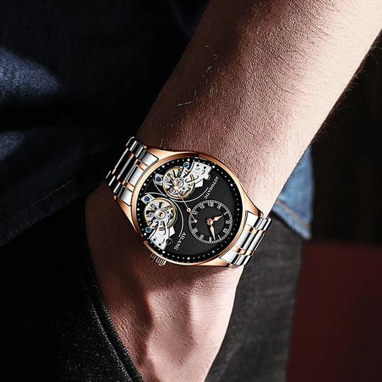 AILANG Brand New Fashion Double Tourbillon Watch for Men Luxury Stainless Steel Waterproof Automatic Mechanical Watches Mens