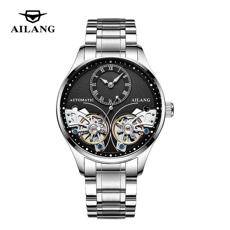 AILANG Brand New Fashion Double Tourbillon Watch for Men Luxury Stainless Steel Waterproof Automatic Mechanical Watches Mens