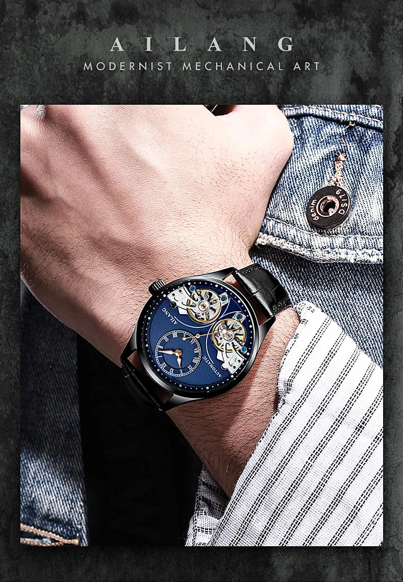 AILANG Brand New Fashion Double Tourbillon Watch for Men Luxury Stainless Steel Waterproof Automatic Mechanical Watches Mens
