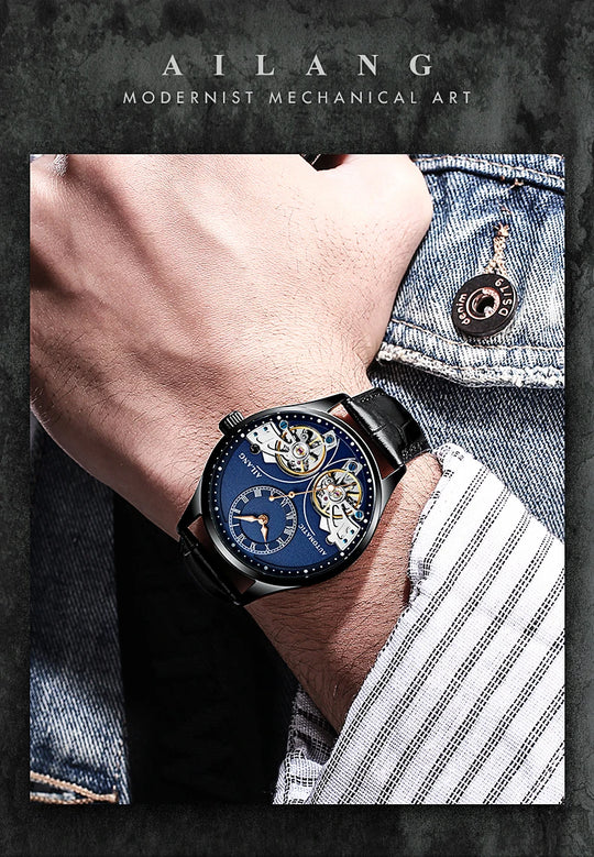 AILANG Brand New Fashion Double Tourbillon Watch for Men Luxury Stainless Steel Waterproof Automatic Mechanical Watches Mens