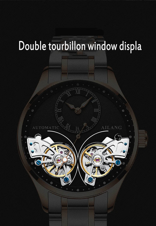AILANG Brand New Fashion Double Tourbillon Watch for Men Luxury Stainless Steel Waterproof Automatic Mechanical Watches Mens