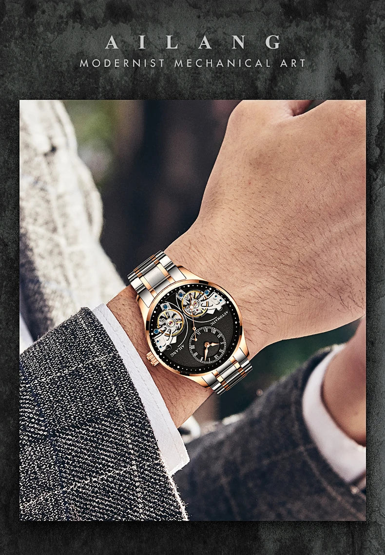 AILANG Brand New Fashion Double Tourbillon Watch for Men Luxury Stainless Steel Waterproof Automatic Mechanical Watches Mens