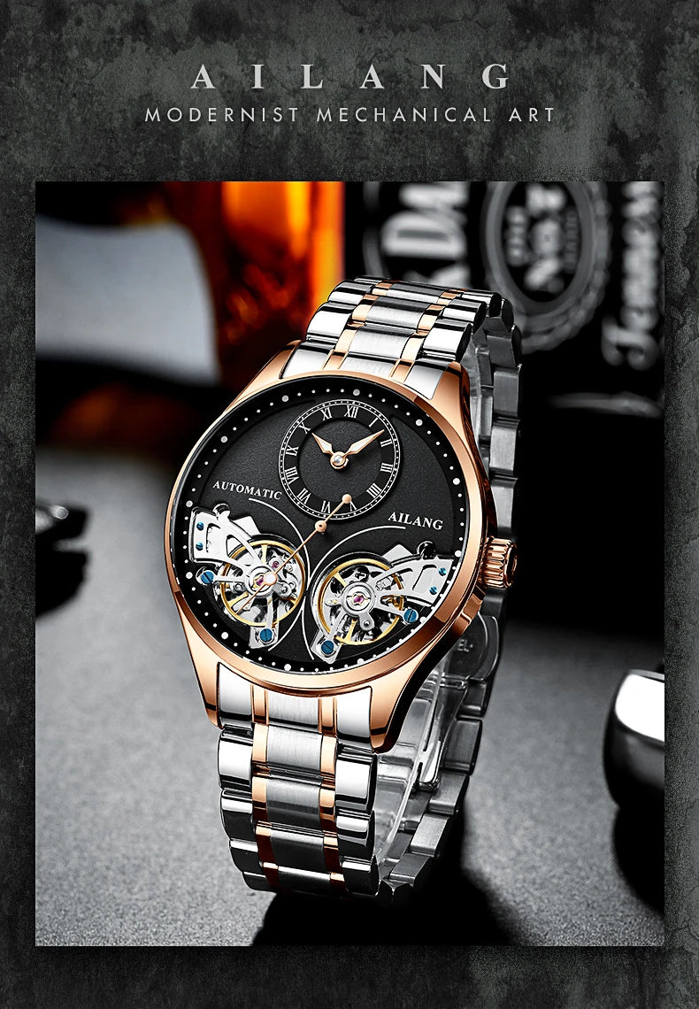 AILANG Brand New Fashion Double Tourbillon Watch for Men Luxury Stainless Steel Waterproof Automatic Mechanical Watches Mens