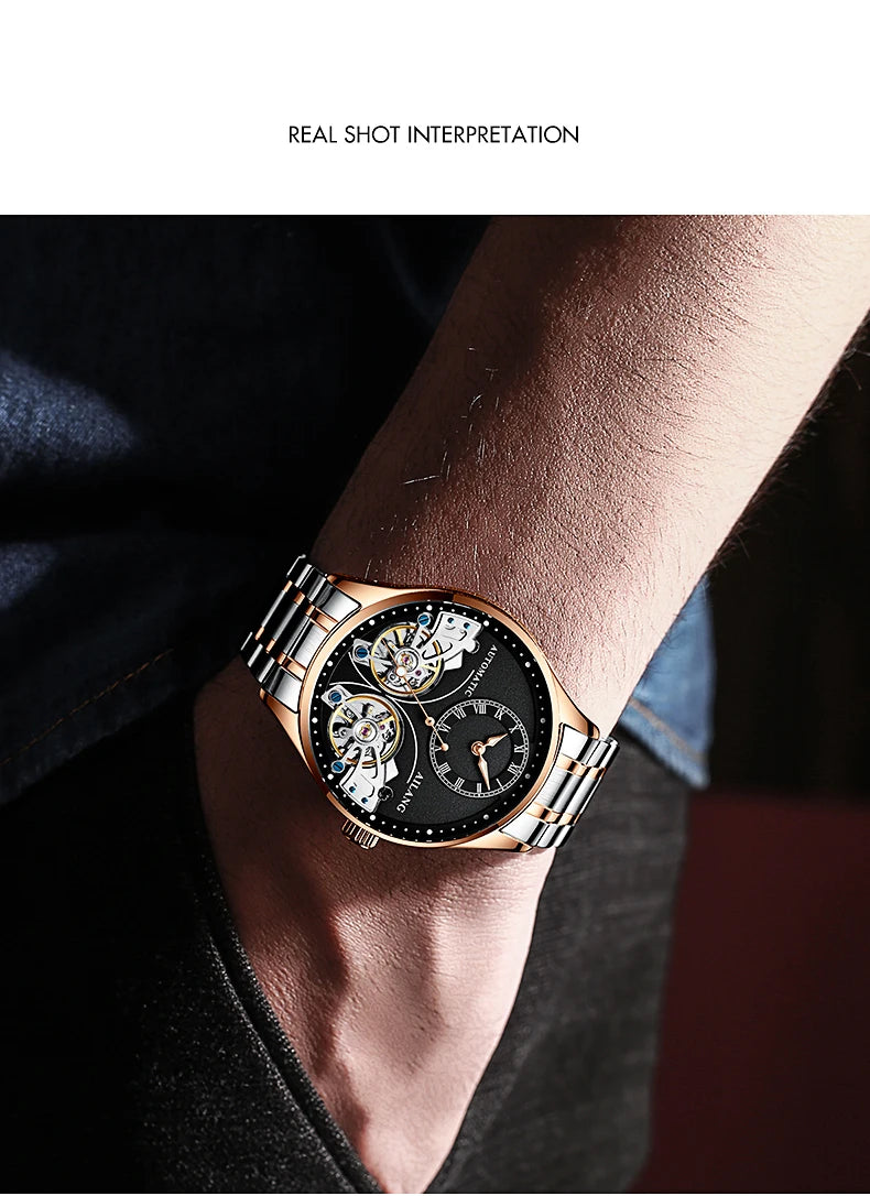 AILANG Brand New Fashion Double Tourbillon Watch for Men Luxury Stainless Steel Waterproof Automatic Mechanical Watches Mens