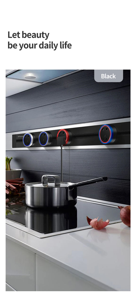 Tabletop Power Track Socket - Hidden Pop-Up Outlet with USB & LED, UK/US/EU Plugs - for Home, Kitchen & Office