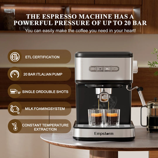 Empstorm Espresso Coffee Machine - 850W 20 Bar Semi-Automatic for Cappuccino & Latte