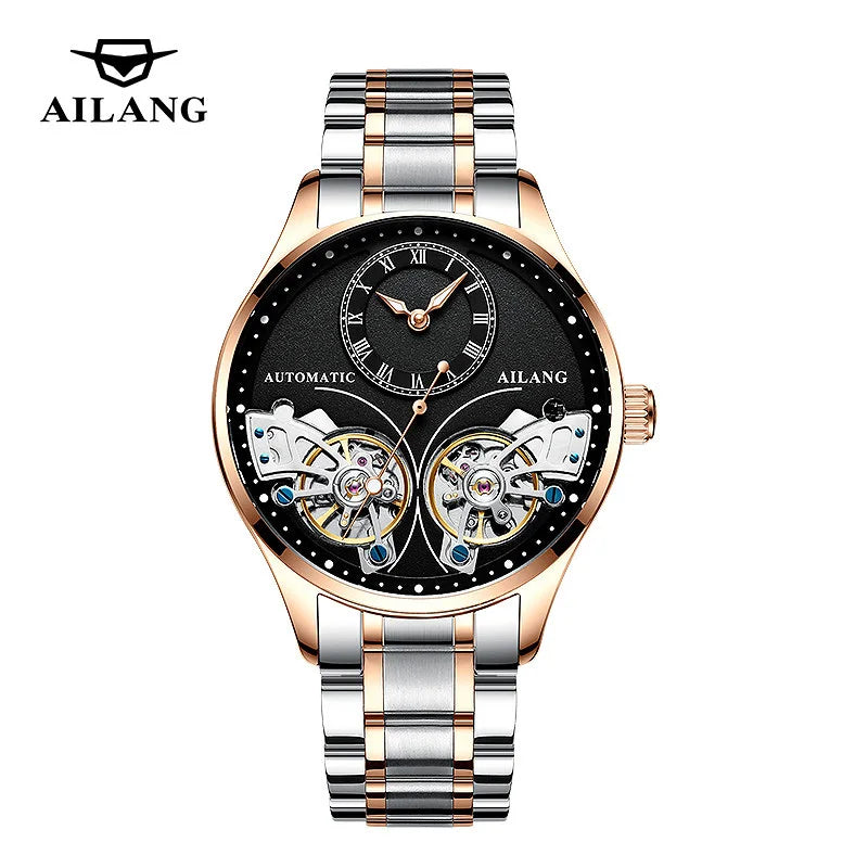 AILANG Brand New Fashion Double Tourbillon Watch for Men Luxury Stainless Steel Waterproof Automatic Mechanical Watches Mens