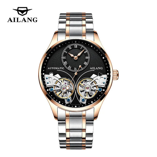 AILANG Brand New Fashion Double Tourbillon Watch for Men Luxury Stainless Steel Waterproof Automatic Mechanical Watches Mens