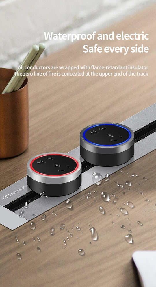 Tabletop Power Track Socket - Hidden Pop-Up Outlet with USB & LED, UK/US/EU Plugs - for Home, Kitchen & Office