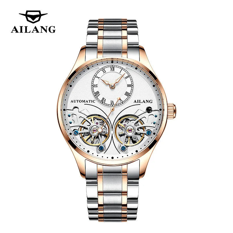 AILANG Brand New Fashion Double Tourbillon Watch for Men Luxury Stainless Steel Waterproof Automatic Mechanical Watches Mens