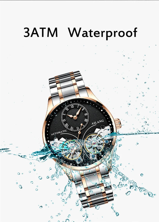 AILANG Brand New Fashion Double Tourbillon Watch for Men Luxury Stainless Steel Waterproof Automatic Mechanical Watches Mens