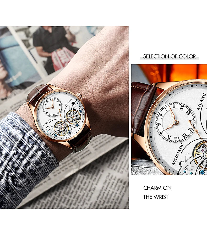 AILANG Brand New Fashion Double Tourbillon Watch for Men Luxury Stainless Steel Waterproof Automatic Mechanical Watches Mens