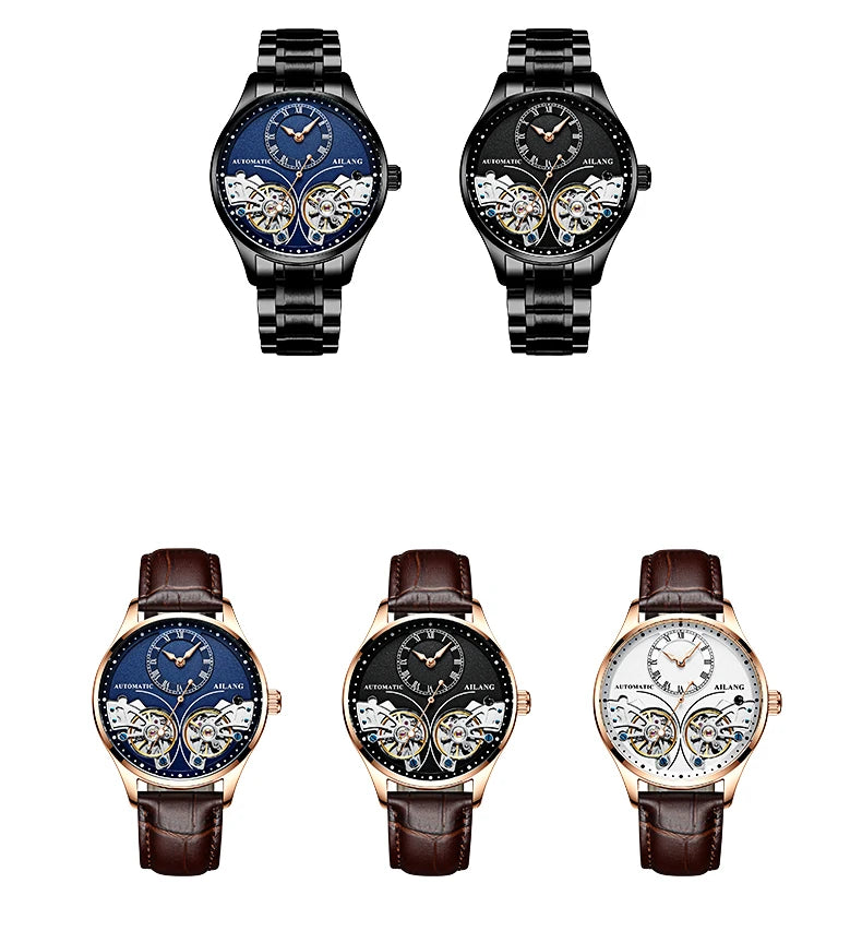 AILANG Brand New Fashion Double Tourbillon Watch for Men Luxury Stainless Steel Waterproof Automatic Mechanical Watches Mens