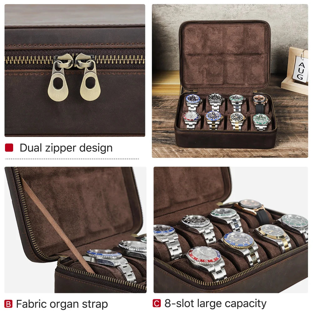 Leather Watch Organizer Box - 8/10/12 Slots Vintage Jewelry Storage Case - for Men & Women