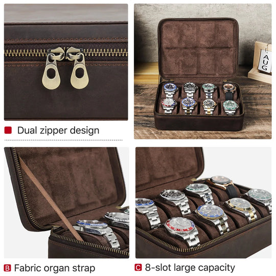 Leather Watch Organizer Box - 8/10/12 Slots Vintage Jewelry Storage Case - for Men & Women