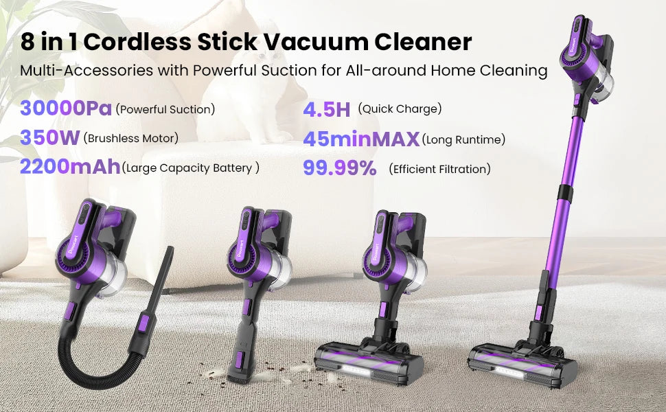 Cordless Vacuum Cleaner - 30KPa 8-in-1 Stick for Hardwood Floors, Pet Hair & Car