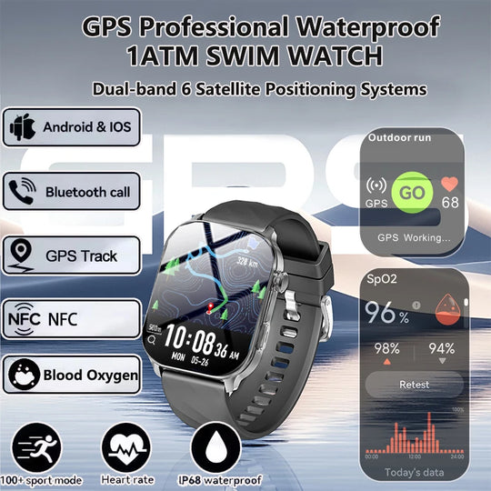 GPS Smart Watch - Heart Rate Blood Oxygen Pressure Bluetooth Call NFC