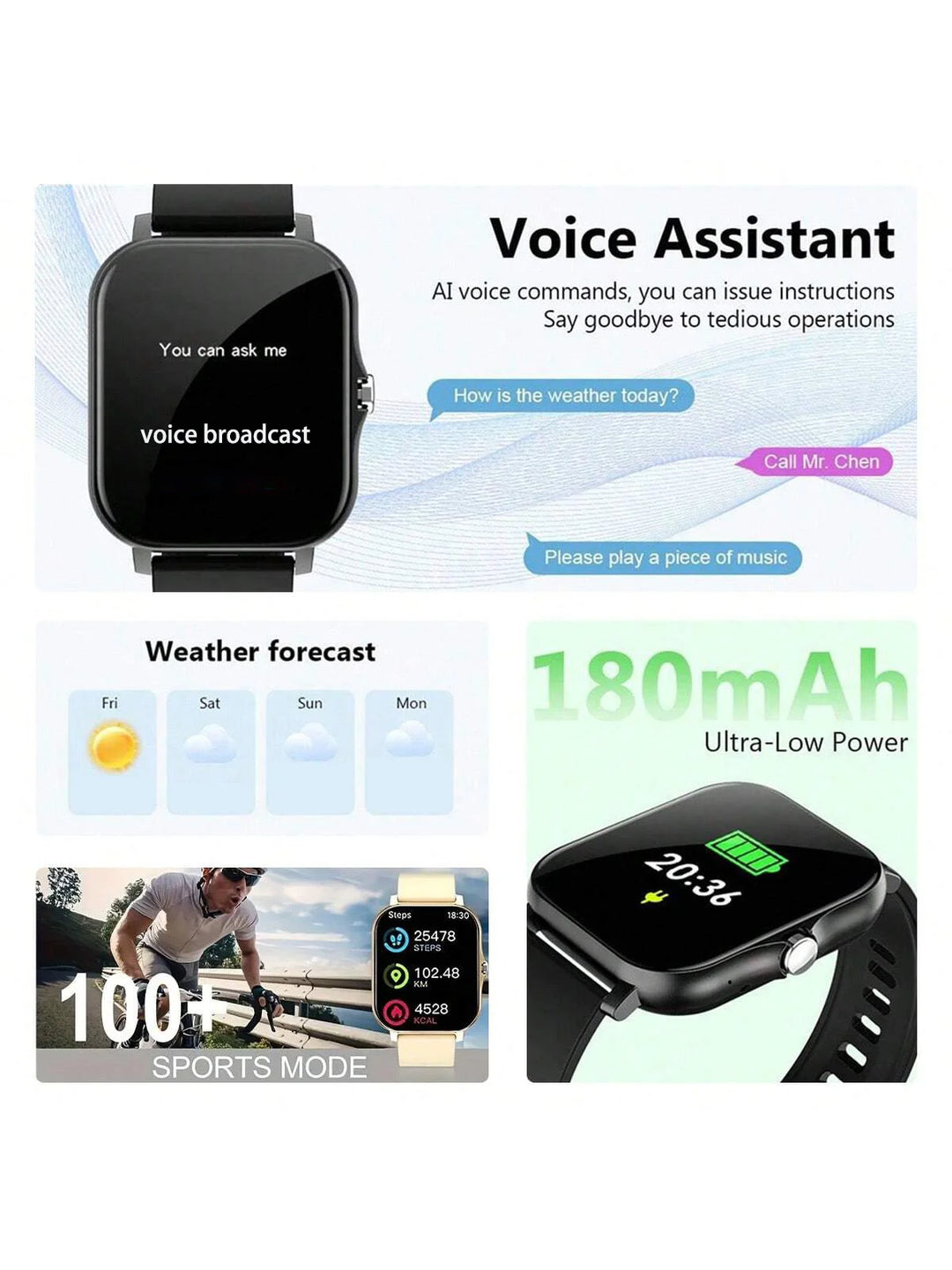 Square Sport Smartwatch - Heart Rate & Sleep Monitor with BT Call