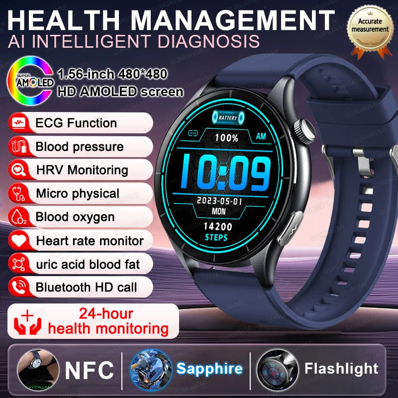 Smart Watch with ECG Health Monitoring - Uric Acid Blood Pressure Blood Oxygen for iOS & Android