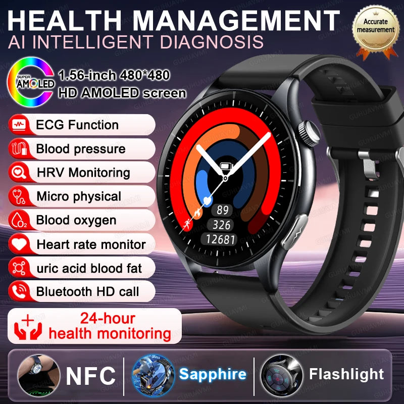 Smart Watch with ECG Health Monitoring - Uric Acid Blood Pressure Blood Oxygen for iOS & Android