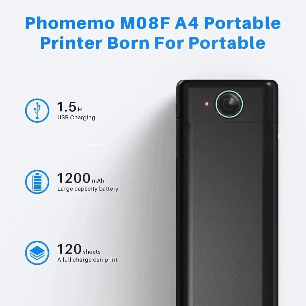 Portable Thermal Printer - Wireless A4 Bluetooth for Android, iOS & Laptop