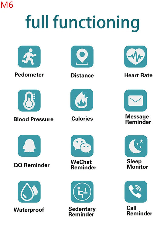 M6 Smartwatch - Heart Rate & Blood Pressure Monitor Fitness Tracker Watch