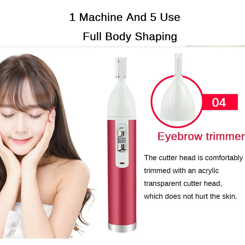 Women's Electric Epilator - 5-in-1 Lady Shaver, Nose Trimmer, Eyebrow Shaper, Leg, Armpit & Bikini Hair Removal