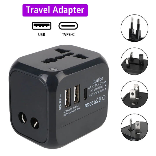 Universal Travel Adapter - 6A with 2 USB + Type-C for US EU UK AU Plugs