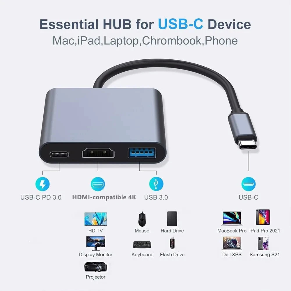 3-in-1 USB-C Hub - HDMI 4K Adapter with USB 3.0 & Charging for MacBook