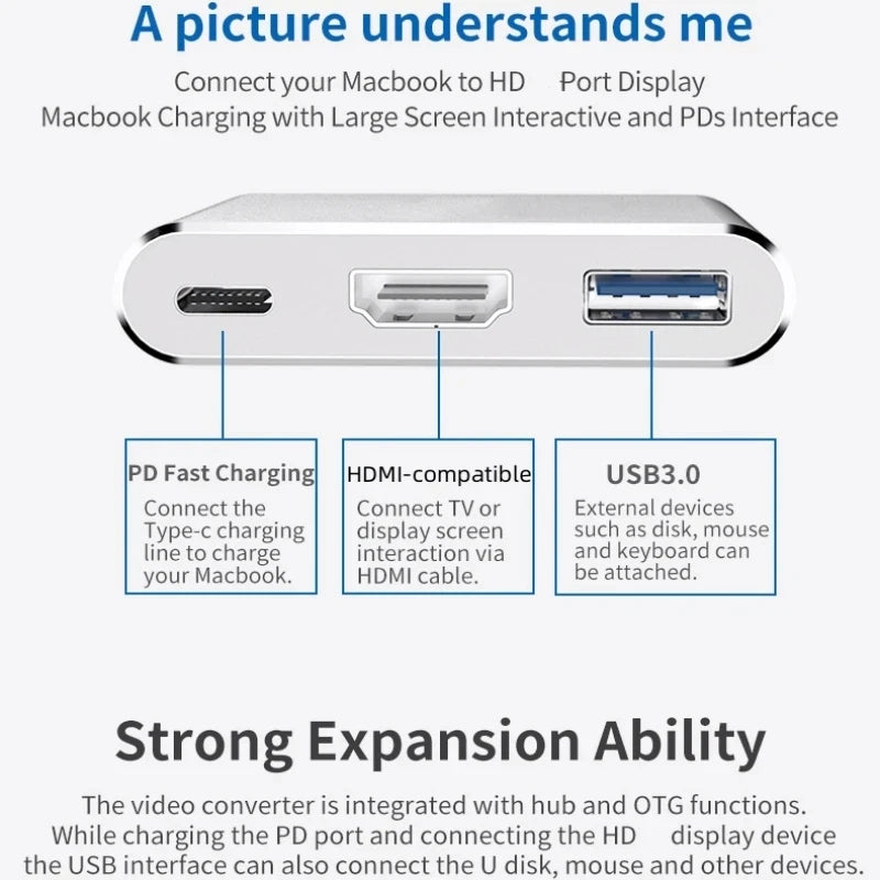 3-in-1 USB-C Hub - HDMI 4K Adapter with USB 3.0 & Charging for MacBook
